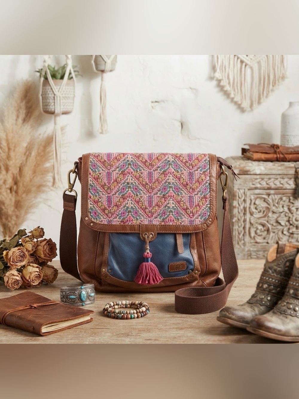 The Sak Ventura Convertible Backpack Crossbody Boho Embroidered Teak Leather